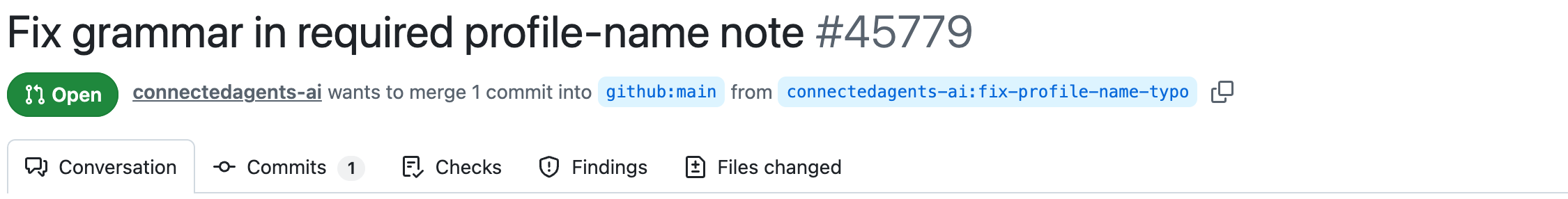실제 PR의 제목, Open 상태, main을 향한 병합 제안과 Files changed 탭