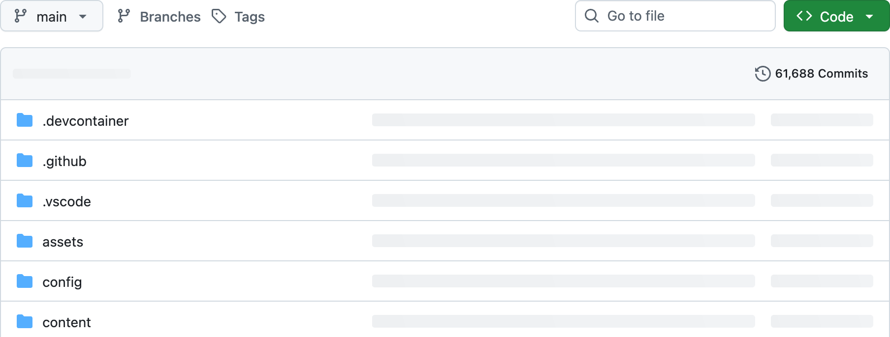 실제 github/docs의 main 브랜치 선택과 폴더 목록