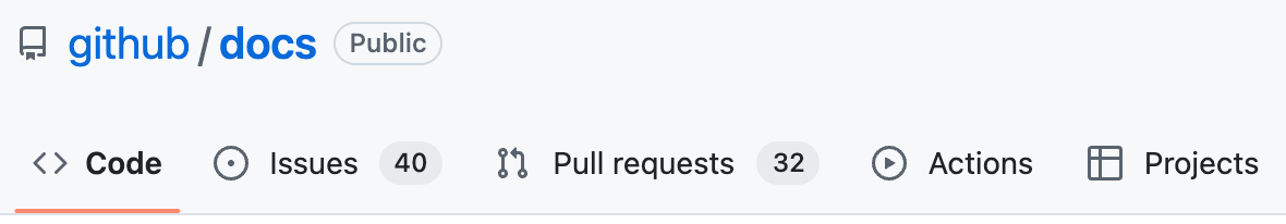 실제 github/docs 저장소의 소유자 이름, 저장소 이름, Code·Issues·Pull requests 탭